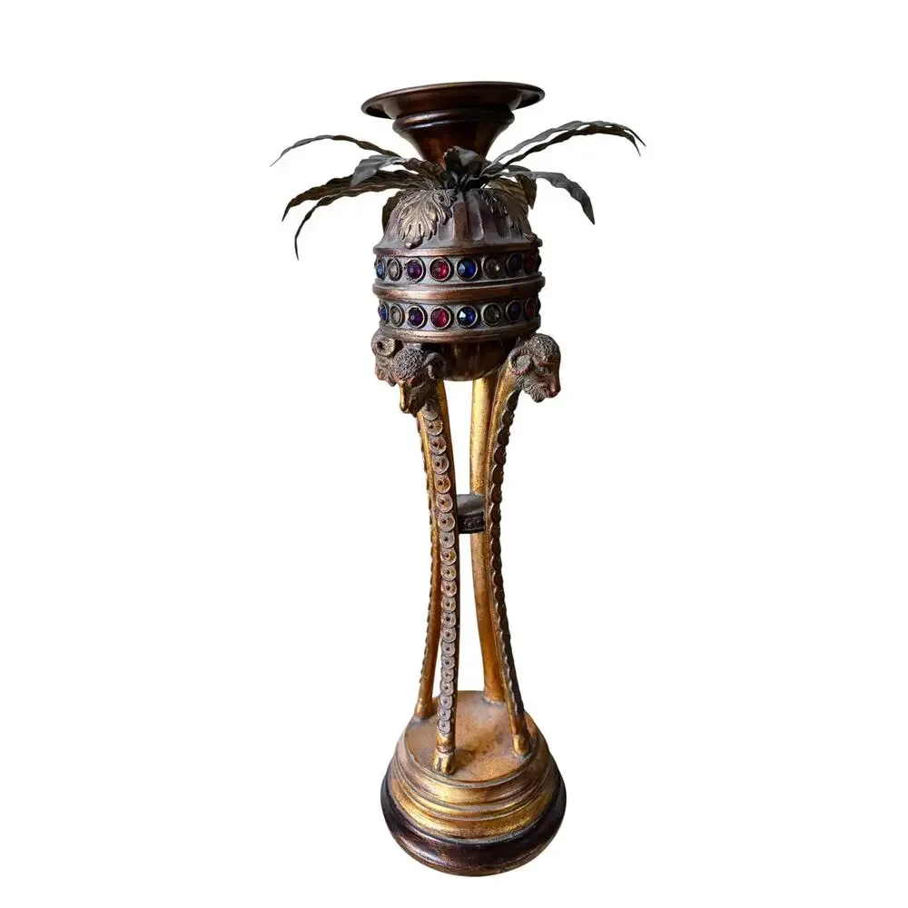 Pier 1 Gilt Metal Palm Tree Candle Holder Gemstone Accents Vintage Rams Head 22